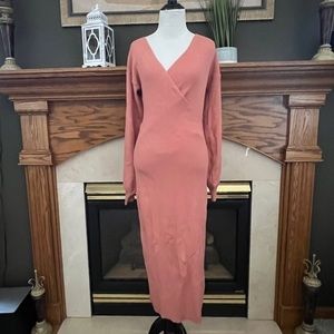 NEW‎ Peach Love California Light Red Bodycon Faux Wrap Midi Dress Sz. L